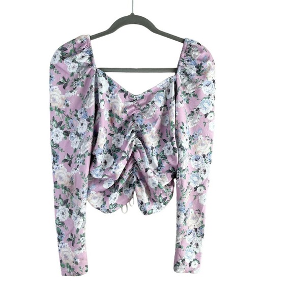 ASOS DESIGN Long Sleeve Crop Top‎ Lace Up Front in Pink Floral Print, Size 8 - Picture 8 of 11